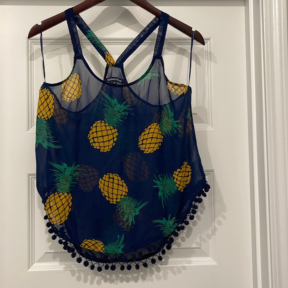 Ocean Drive Pineapple sheer tank with Pom Pom detail M